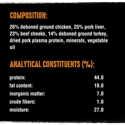 Composition: 26% deboned ground chicken, 25% pork liver, 23% beef cheeks, 14% deboned ground turkey, dried pork plasma protein, minerals, vegetable oil. Protein 44%, fat 19%, moisture 27%.
