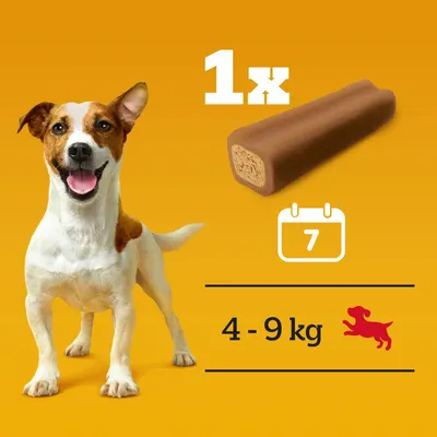 Feeding guide showing one treat per day for seven days, suitable for dogs weighing 4 to 9 kg.