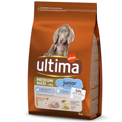 Ultima Junior Medium Maxi +10kg, kanaa, koirille 1–12 kuukautta. Ei lisättyä sokeria, keinotekoisia väriaineita tai säilöntäaineita. Ainesosat: riisi, viljat, vihannekset. Pakkaus 3 kg.