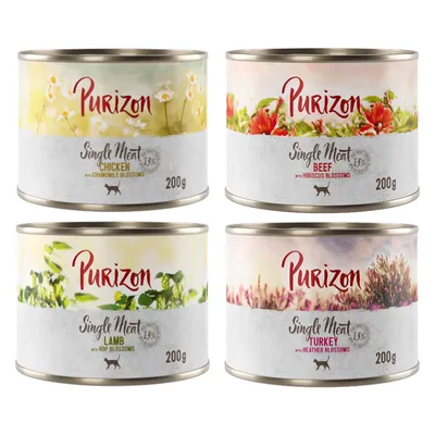 Purizon Single Meat mokra hrana, vrste: piščanec s cvetovi kamilice, govedina s cvetovi hibiskusa, jagnjetina s hmeljevimi cvetovi, puran s cvetovi resja, 200g pločevinka.