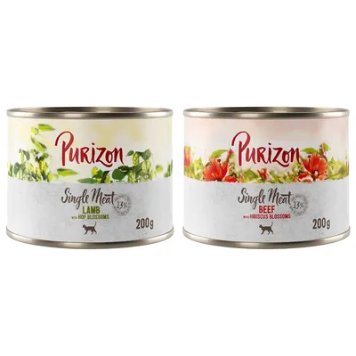 Purizon Single Meat mokra hrana, vrste: jagnjetina s hmeljevimi cvetovi in govedina s hibiskusovimi cvetovi, 200g pločevinka, 13% beljakovin.