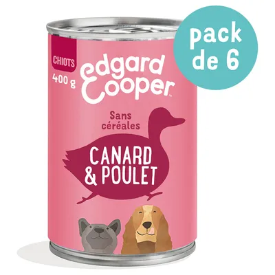Edgard Cooper nourriture humide pour chiots, boîte de 400g, saveur canard et poulet, sans céréales. Lot de 6 boîtes.