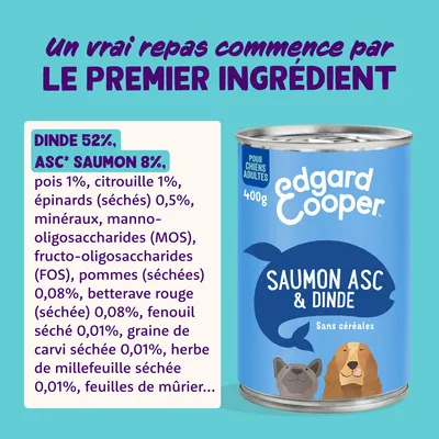 Edgard & Cooper nourriture humide pour chiens, saveur saumon ASC & dinde, sans céréales, principaux ingrédients : 52 % dinde, 8 % saumon certifié ASC. Autres ingrédients et détails visibles.