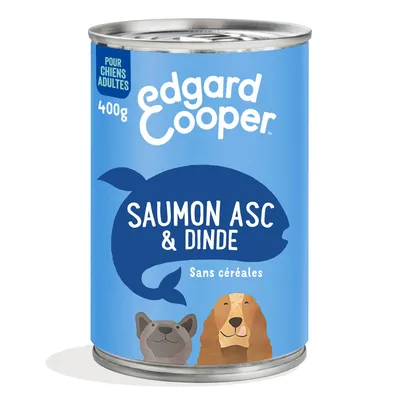 Edgard Cooper nourriture humide pour chiens, variété saumon ASC et dinde, sans céréales, boîte de 400g.