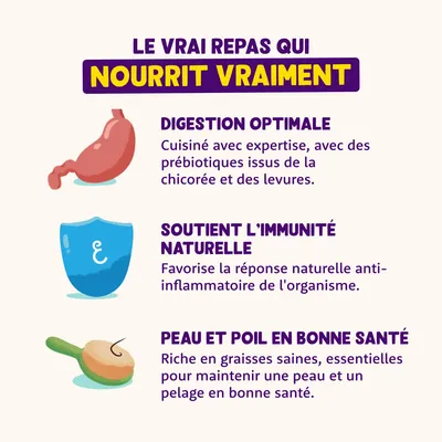 Avantages du produit : digestion optimale grâce aux prébiotiques, soutien de l’immunité naturelle, peau et pelage sains grâce aux acides gras essentiels.