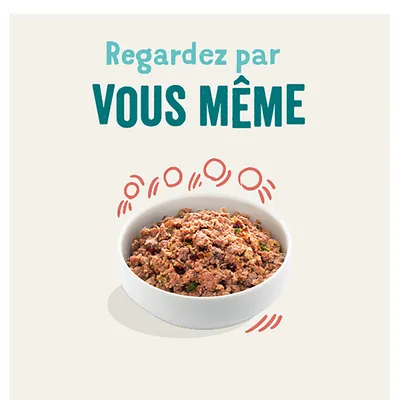Bol avec de la nourriture ressemblant à de la viande. Texte en français : « Regardez par VOUS MÊME ».
