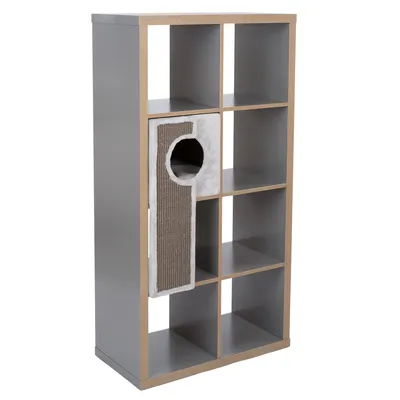 Hylla med nio fack, integrerad klösbräda och grotta av grått tyg och sisal.