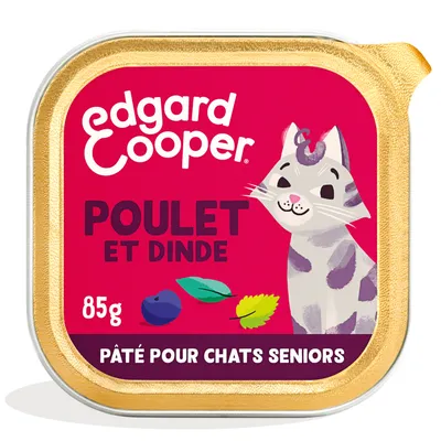 Edgard Cooper Poulet et Dinde, 85g, pâté pour chats âgés. L'emballage montre un chat et des ingrédients comme myrtille et feuilles.