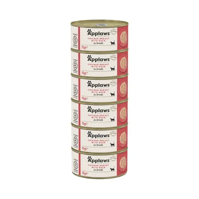 Applaws Chicken Breast with Duck in Broth, empilhamento de latas 70g, certificado B Corporation, ingredientes naturais, adequado para gatos.