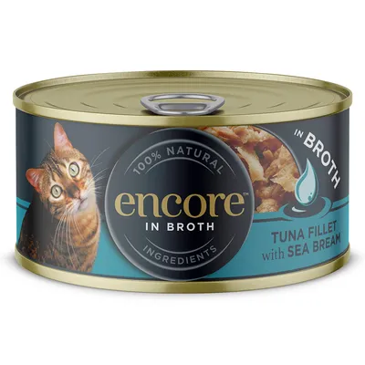 Encore in Broth, 100% natürliche Zutaten, Thunfischfilet mit Meerbrasse. Dose mit Katzenmotiv.