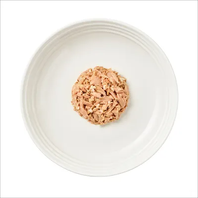 Portion de nourriture humide pour animaux, morceaux de viande claire servie dans une assiette blanche. Aucun emballage ou marque visible.