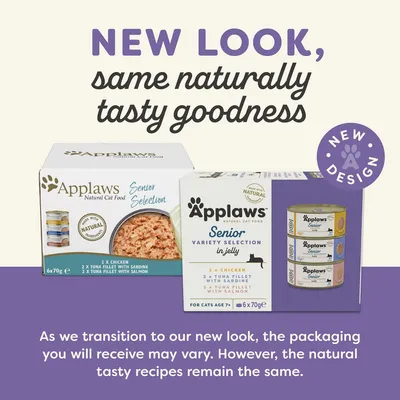 Applaws Senior Selection krmivo pro kočky, nové i staré balení, 6×70 g: 2× kuře, 2× tuňák se sardinkou, 2× tuňák s lososem. Nápis: NEW LOOK, same naturally tasty goodness.