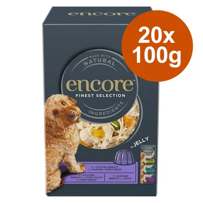 Encore Finest Selection krmivo pro psy v želé, 20 x 100g. Druhy: kuřecí prsa se zeleninou, filet z tuňáka a kachna. Přírodní ingredience.