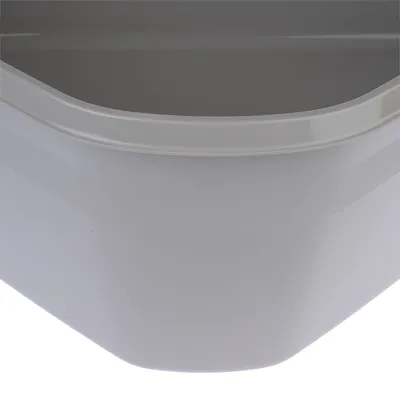 Close-up of a white plastic bowl with rounded edges, suitable for various uses.