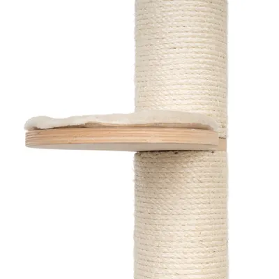Cat tree with sisal-wrapped post and wooden platform with soft padding.