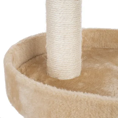 Kratzbaum mit beigem Plüsch und Sisal umwickelter Kratzstange, Detailansicht der unteren Plattform.