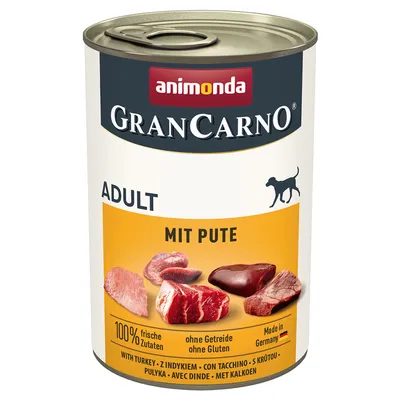 Konzerva animonda GranCarno Adult mit Pute, 100 % frische Zutaten, bez obilnín a bez lepku, Made in Germany. Na etikete kúsky mäsa a text v nemčine aj angličtine.