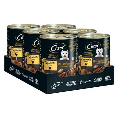 Tray of Cesar Natural Goodness Casserole in Sauce cans, visible text: 'Vollkornnudeln mit Superfoods', 100% recyclable, 100% complete. Black and gold packaging with dog image.