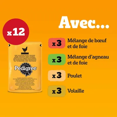 Pack de 12 sachets Pedigree : 3× mélange de bœuf et de foie, 3× mélange d’agneau et de foie, 3× poulet, 3× volaille. Texte visible sur fond orange. Pack de 12 sachets Pedigree : 3× mélange de bœuf et de foie, 3× mélange d’agneau et de foie, 3× poulet, 3× volaille. Texte visible sur fond orange.