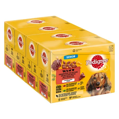 Caja de 12 sobres de 100 g Pedigree Senior, selección mixta. Texto visible en alemán, francés y neerlandés. Imagen de comida húmeda para perros y logotipo Pedigree.