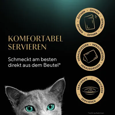 Komfortabel servieren: Schmeckt am besten direkt aus dem Beutel. Symbole für Öffnen, Herausgießen und Servieren. Hinweis: nicht aufwärmen.