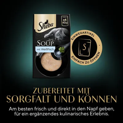 Sheba Soup mit Weißfisch, x4 40g. Einwegartikel, einfach zu öffnen. Zubereitet mit Sorgfalt und Können. Frisch in den Napf geben für ein ergänzendes kulinarisches Erlebnis.