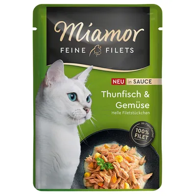 Miamor Feine Filets, tonnikala ja vihannekset kastikkeessa. Vaaleita fileepaloja, 100 % fileetä lihapitoisuudessa. Uutuus.
