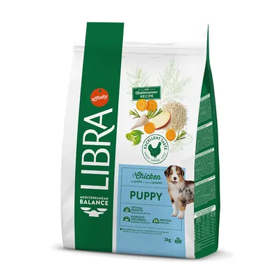 Libra Mediterranean Balance Puppy dry food with chicken, 3kg. Highlighted ingredients: rice, carrots, herbs. Optimal for growth and digestion. Protein content 29%. No artificial additives.