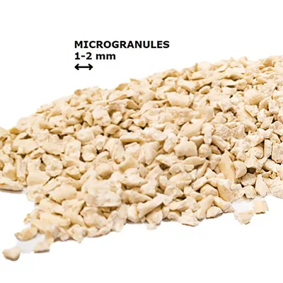 Microgranuli beige, testo visibile: MICROGRANULES 1–2 mm con freccia che indica la dimensione delle particelle.