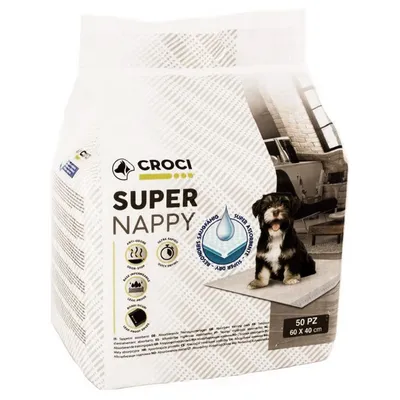 Croci Super Nappy, 50 stuks, 60x40 cm. Anti-geur, snelle droging, super absorberend. Afbeelding van een hond op een mat. Geschikt voor eenvoudige reiniging.