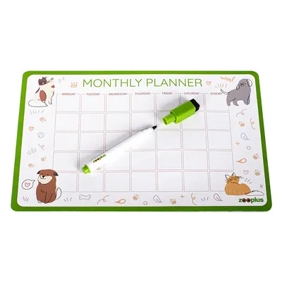 Zooplus Monthly Planner with green border, weekdays Monday to Sunday, wipeable marker. Illustrations of dog, cat and paw prints.