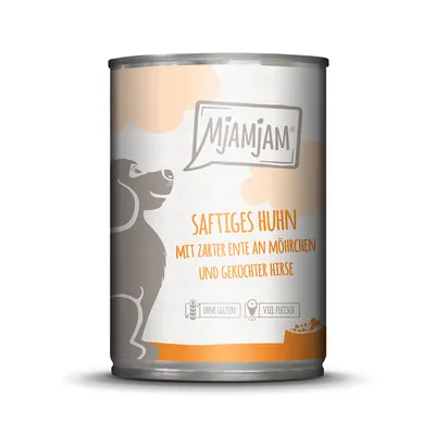 MjAMjAM Saftiges Huhn mit zarter Ente an Möhrchen und gekochter Hirse. Ohne Gluten, viel Fleisch.
