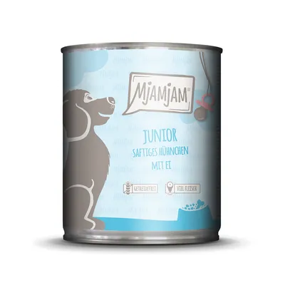 MjAMjAM Junior pollo succoso con uovo, senza cereali, ricco di carne. Cibo umido per cani giovani.