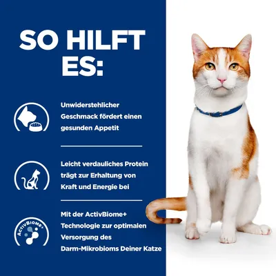 So hilft es: Unwiderstehlicher Geschmack fördert gesunden Appetit. Leicht verdauliches Protein erhält Kraft und Energie. ActivBiome+ Technologie unterstützt Darm-Mikrobiom der Katze.