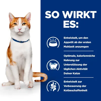 So wirkt es: Entwickelt, um den Appetit ab der ersten Mahlzeit anzuregen. Kalorienreiche Nahrung zur Unterstützung der täglichen Aktivität. Verbesserung der Kotbeschaffenheit.
