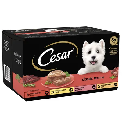 Cesar classic terrine selection, 8 x 150g. Includes 2x beef and liver, 2x chicken and turkey, 2x poultry, 2x chicken and beef. Made with natural ingredients. Recyclable packaging.