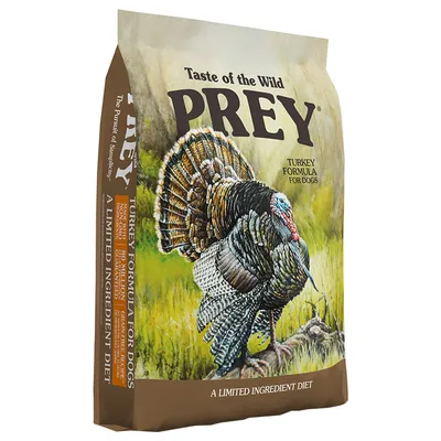 Taste of the Wild PREY Turkey Formula for Dogs. Limited ingredient diet. Packaging with turkey image.