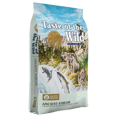 Sac Taste of the Wild Ancient Stream avec Ancient Grains, texte visible : Canine Recipe with Smoke-Flavored Salmon. Illustration de loups et saumons sur l’emballage.