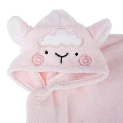 Pink hooded towel with sheep face embroidery, ears and cloud design on the hood.