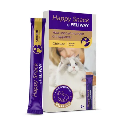 Boîte et stick de friandises Happy Snack by Feliway, saveur poulet, mention Alpha-casozépine Relaxing, lot de 6 sticks visibles sur l’emballage.