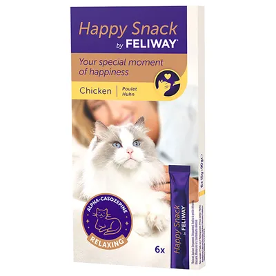 Happy Snack by Feliway, Chicken, Alpha-Casozepine Relaxing, 6x15g. Text: Your special moment of happiness.