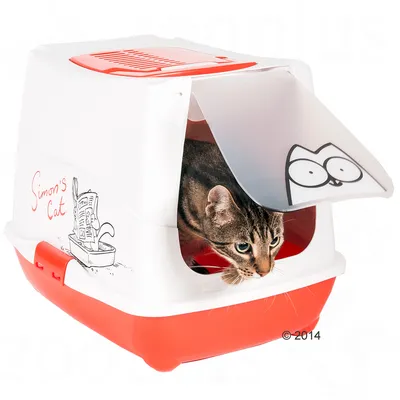 Toilette per gatti Simon's Cat in plastica bianca e rossa con sportello trasparente decorato, gatto all'interno. Testo visibile: Simon's Cat.