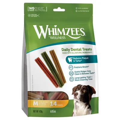 Whimzees Wellness Daily Dental Treats for dogs, 14 pieces, size M for dogs 12-18 kg. Reduces plaque and tartar, hypoallergenic, gluten-free, with natural ingredients.