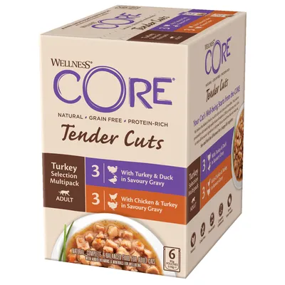 Wellness CORE Tender Cuts Turkey Selection Multipack. 6 Pouches à 85g: 3 mit Truthahn & Ente, 3 mit Huhn & Truthahn in Sosse. Natürlich, getreidefrei, proteinreich für erwachsene Katzen.