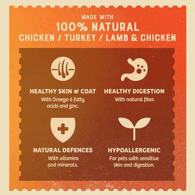 Made with 100% natural chicken, turkey, lamb and chicken. Healthy skin and coat with Omega 6 and zinc, healthy digestion with fibre, natural defences, hypoallergenic for sensitive pets.