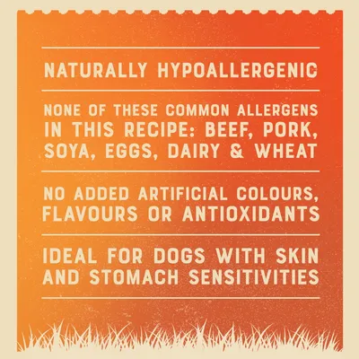 Naturally hypoallergenic. No beef, pork, soya, eggs, dairy or wheat in this recipe. No added artificial colours, flavours or antioxidants. Ideal for dogs with skin and stomach sensitivities.