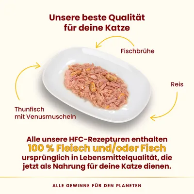 Unsere beste Qualität für Katzen: Thunfisch mit Venusmuscheln, Reis und Fischbrühe. HFC-Rezepturen mit 100% Fleisch oder Fisch in Lebensmittelqualität als Katzennahrung.