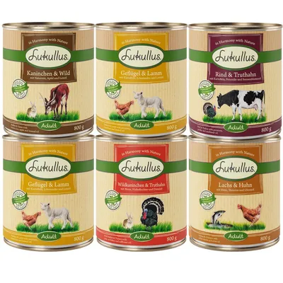 Six Lukullus adult food tins in different flavours: rabbit and game, poultry and lamb, beef and turkey, wild rabbit and turkey, salmon and chicken. Each tin is 800g.