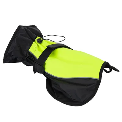 Hundemantel in Schwarz und Neon-Gelb mit verstellbarem Verschluss und reflektierenden Streifen.