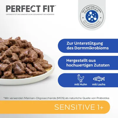 Perfect Fit Sensitive 1+ mit Huhn und Lachs. Unterstützt das Darmmikrobiom mit natürlichen Präbiotika. Hergestellt aus hochwertigen Zutaten.